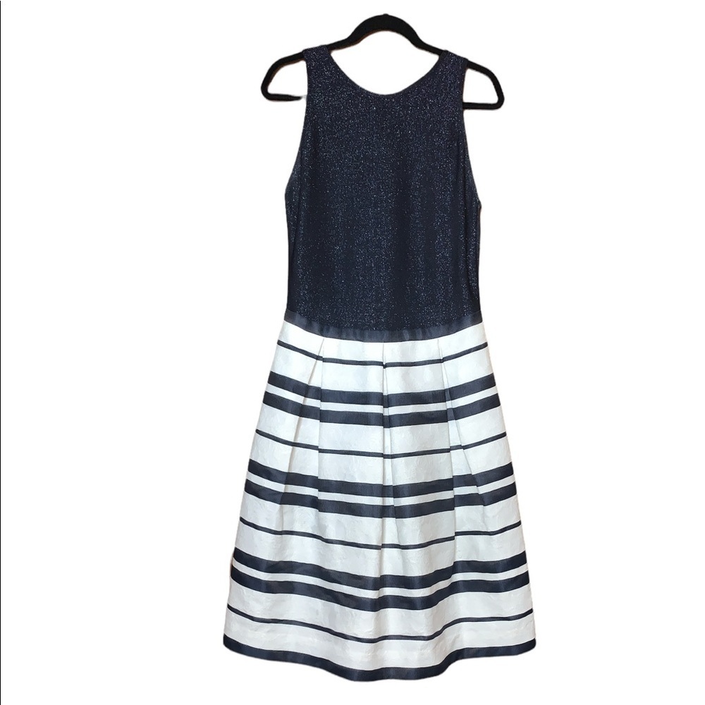 Fit & Flare Dress Navy Blue Sparkle Sleeveless Striped Party Cocktail